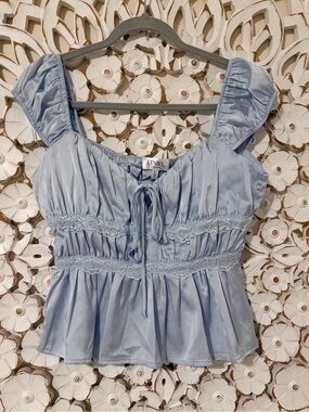 Lyniel Light Blue Ruffle-Sleeve Peplum Top - New Size Large NWT